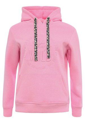Pink hoodie made of soft fabric featuring a kangaroo pocket, ribbed cuffs, and leopard print drawstrings with embossed "Stay Wild" text.