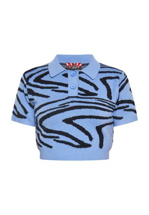 Šviesiai mėlyna trumpa polo marškinių palaidinė su juodais zebra raštais, trumpomis rankovėmis ir dviem mygtukais. Minkšta trikotažinė medžiaga.