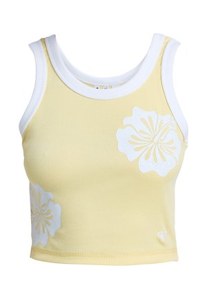 Geel geribd crop top met witte bies en witte hibiscusbloemprints aan de voorkant zijkanten.