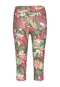 Kukkakuvioidut caprihousut, joissa on värikäs monivärinen lehti- ja kukkakuosi, valmistettu kevyestä kankaasta ja istuvalla mallilla.