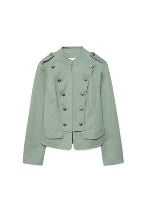 Sage green military-style jacket with double row of metal buttons, stand collar, epaulets, flap pockets, and long sleeves.