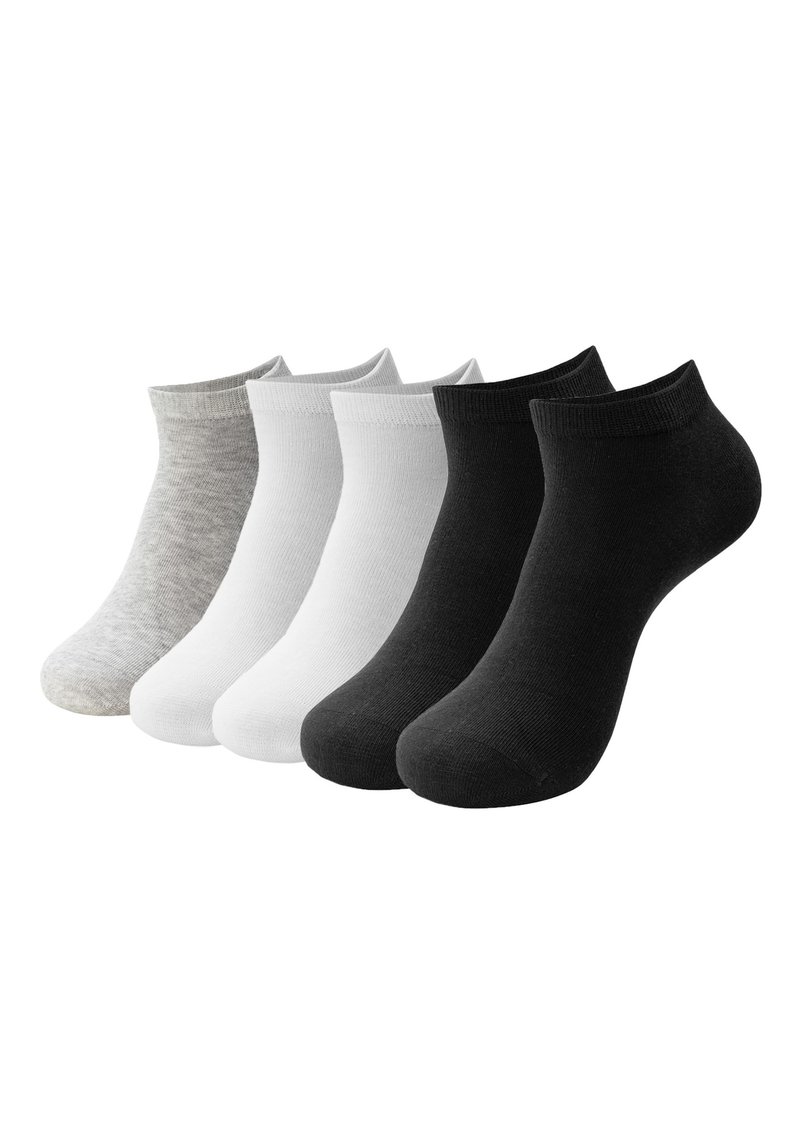 Fem par ankelstrømper i grå, hvid og sort. Materiale i bomuldsblanding med en glat tekstur og elastisk kant for et sikkert fit.