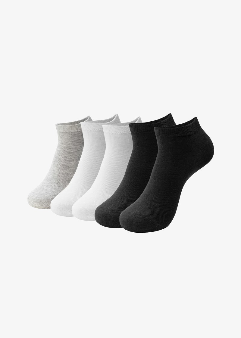 Cinque paia di calzini alla caviglia in grigio, bianco e nero. Materiale in misto cotone, con una texture liscia e un polsino elastico per una vestibilità sicura.