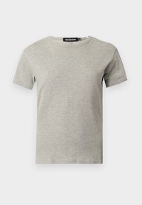 Ανοιχτό γκρι βαμβακερό T-shirt με κοντά μανίκια και στρογγυλή λαιμόκοψη, με ορατή μαύρη ετικέτα στο εσωτερικό του γιακά που γράφει "DENIM" και μέγεθος "S".