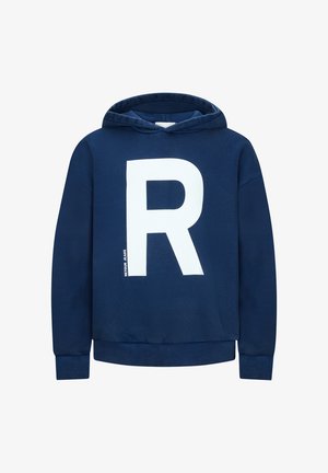 Felpa con cappuccio di colore blu navy con una grande lettera "R" bianca sulla parte anteriore, polsini a coste e una texture morbida.