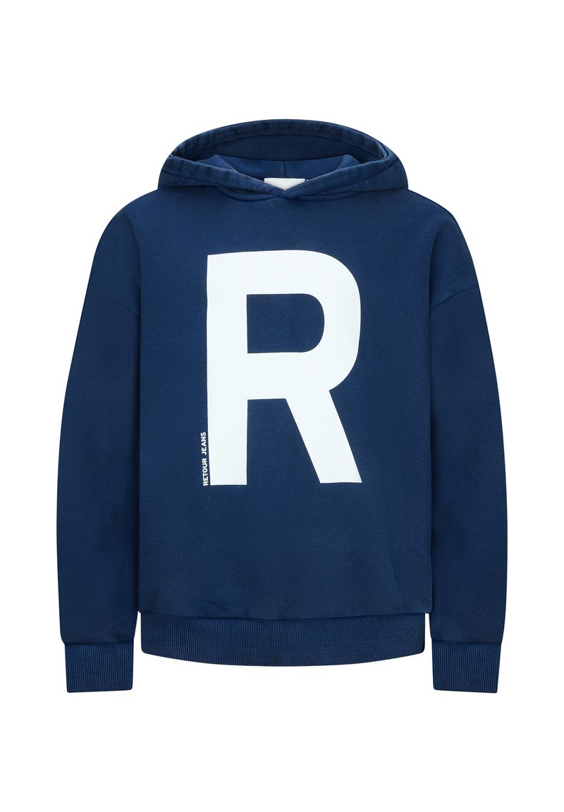 Felpa con cappuccio di colore blu navy con una grande lettera "R" bianca sulla parte anteriore, polsini a coste e una texture morbida.