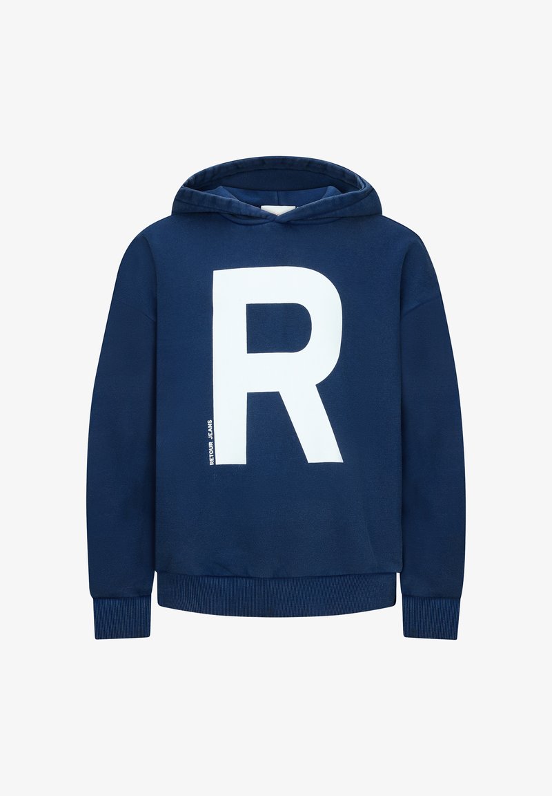 Felpa con cappuccio di colore blu navy con una grande lettera "R" bianca sulla parte anteriore, polsini a coste e una texture morbida.