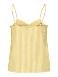 Top jaune sans manches avec fines bretelles réglables et motif à rayures verticales texturé.