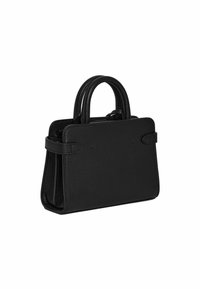 Borsa a tracolla nera in pelle con forma strutturata, due manici corti e dettagli minimi. Presenta una texture liscia con una finitura elegante.
