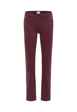 Burgundy stretch jeans with a straight-leg cut, featuring five-pocket design and button closure, made from soft cotton blend fabric.