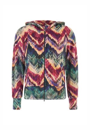 Giacca a hood colorata con motivo a zigzag nei toni del rosso, verde e blu, dotata di chiusura a zip completa e due tasche frontali.