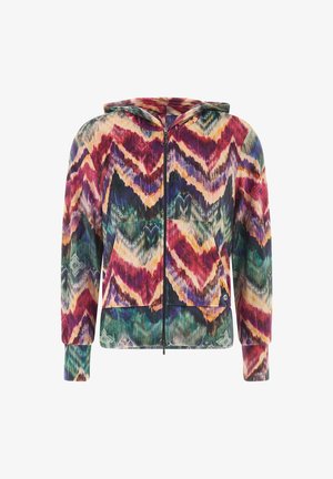Kleurvolle capuchonjak met een chevronpatroon in tinten van rood, groen en blauw, met een volledige ritssluiting en twee voorzakken.