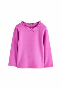 Camicia di cotone a maniche lunghe di un vivace rosa con un colletto arricciato e un piccolo dettaglio a fiocco frontale, caratterizzata da una finitura morbida e testurizzata.