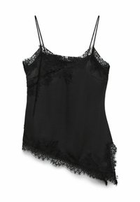 Camiseta negra con detalles de encaje, con tirantes finos ajustables, dobladillo asimétrico y textura suave similar al satén.