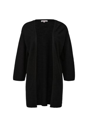 Black open-front cardigan with three-quarter sleeves, made of textured knit fabric, featuring a loose, relaxed fit without fastenings.