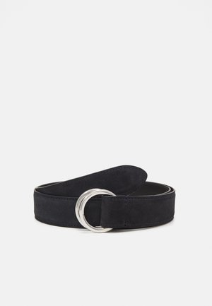 Navy blue suede belt with a silver circular buckle, featuring a smooth texture and a simple design, approximately 4 cm wide.