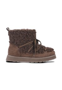 Brown shearling ankle boots with a textured upper, round toe, and brown laces. Features a pull tab and a flat rubber outsole.