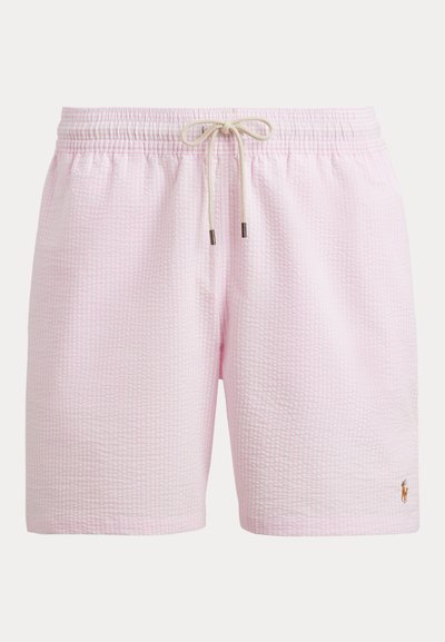 Ροζ σορτσάκια με υφή, ελαστική μέση, μπεζ κορδόνι �και μικρό κεντημένο λογότυπο αλόγου κοντά στο στρίφωμα σε ένα πόδι.