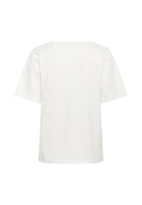 T-shirt blanc à manches courtes avec un décolleté large et une coupe décontractée. Texture du tissu lisse, sans motifs ni accents. Vue arrière montrée.