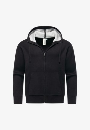 Hoodie zippé noir avec doublure intérieure grise, poche avant, cordons de serrage et poignets côtelés. Le tissu semble doux et texturé.