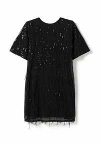 Schwarzes Kurzarmkleid mit rundem Halsausschnitt, verziert mit vertikalen schwarzen Pailletten und Fransen-Details.