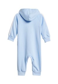 Light blue toddler jumpsuit with a hood, long sleeves, and cuffs. Features white side stripes and soft cotton fabric.