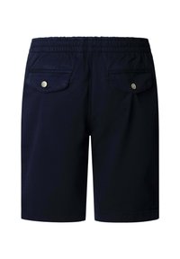 Shorts pour hommes bleu marine avec taille élastique et deux poches arrière à rabat boutonnées.