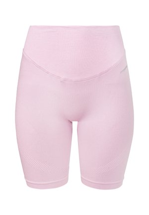 Helle rosa Kompressionsshorts mit einem hohen, gerippten Bund. Sie haben eine glatte Textur und dezente diagonale Muster an den Seiten.