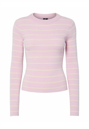 Lyserød ribstrikket sweater med lange ærmer, der har gule vandrette striber og en rund halsudskæring. Fremstillet af et elastisk materiale for komfort.