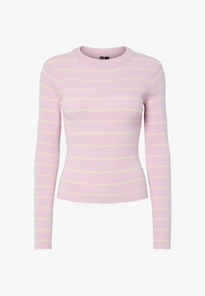 Lyserød ribstrikket sweater med lange ærmer, der har gule vandrette striber og en rund halsudskæring. Fremstillet af et elastisk materiale for komfort.