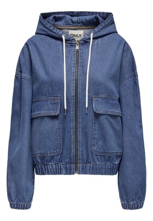 Veste en jean à capuche bleue, dotée d'une fermeture éclair intégrale, de deux poches avant, de poignets élastiques et d'un cordon de serrage pour un ajustement personnalisé.