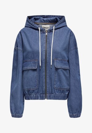 Sinine denimist kapuutsiga jope, millel on täis tõmblukk, kaks esikäepidet, elastsed varrukate mansetid ja reguleeritav pael.