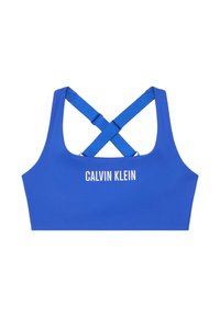 Niebieski stanik sportowy o gładkiej fakturze, z krzyżującymi się ramiączkami z tyłu. Na przodzie napis "CALVIN KLEIN" w kolorze białym.