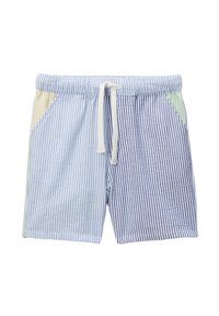 Shorts rayés avec un mélange de bleu clair, bleu foncé, jaune et accents verts. Dotés d'une taille élastique et de poches latérales.