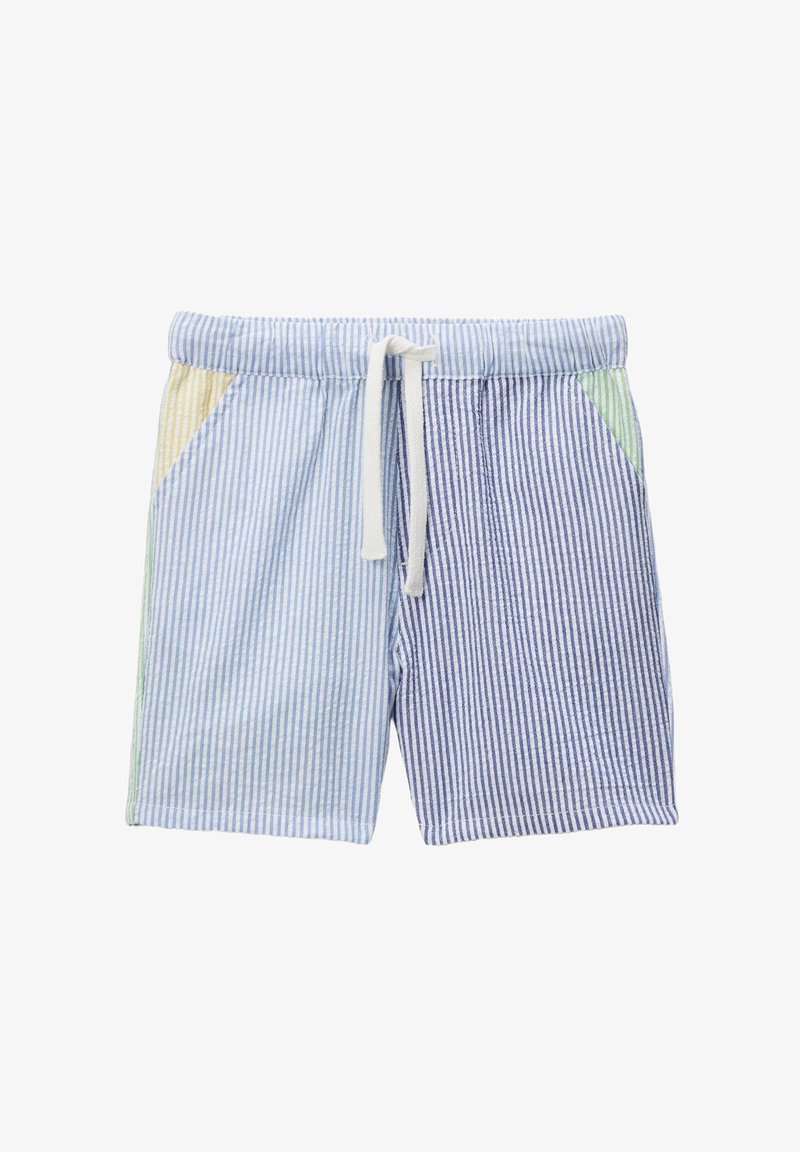 Shorts rayés avec un mélange de bleu clair, bleu foncé, jaune et accents verts. Dotés d'une taille élastique et de poches latérales.