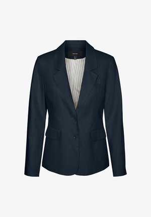 Marineblazer aus glattem Stoff, mit einem Reverskragen, zwei Vorderaschen und einer gestreiften Innenauskleidung. Mit zwei Knöpfen zu schließen.