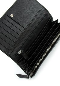 Black leather wallet with a textured surface. Features multiple card slots, a zippered compartment, and a press-stud closure.
