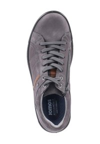 Grauer Schuh aus strukturiertem Leder, runde Spitze, Schnürsenkel und seitlicher Reißverschluss. Verfügt über braune Akzente und ein gemustertes Fußbett. Die Sohle ist flach und flexibel.