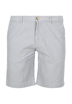 Gestreifte Shorts aus hellblauem und weißem Stoff, mit Knopfverschluss, Gürtelschlaufen und geradem Bein. Angenehme Textur.