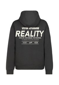Black hooded sweatshirt with white printed text on the back, featuring phrases like "REALITY" and "VIVID STUDIOS." Soft texture, relaxed fit.