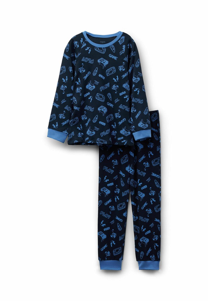 Sada pyžama v námořnické modři, která zahrnuje dlouhé rukávy a odpovídající kalhoty, potisknuté herními ikonami a textem ve světle modré barvě. Měkký bavlněný materiál.