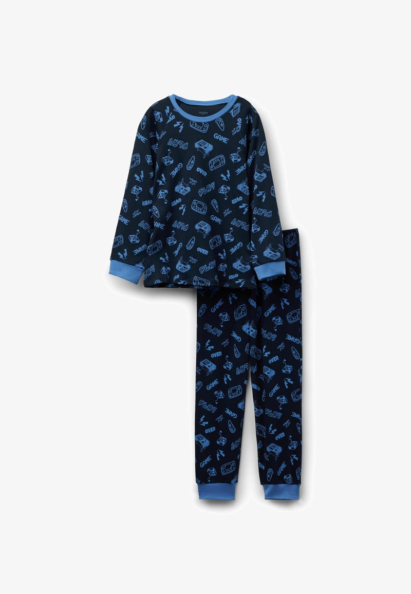Sada pyžama v námořnické modři, která zahrnuje dlouhé rukávy a odpovídající kalhoty, potisknuté herními ikonami a textem ve světle modré barvě. Měkký bavlněný materiál.