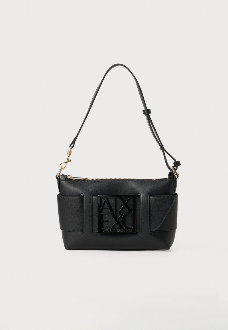 Black rectangular shoulder bag with adjustable strap, gold zipper, two front pockets, and a black Armani Exchange logo plate.