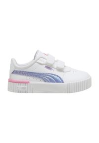 Zapatillas blancas con dos correas de velcro, que presentan una franja lateral brillante en púrpura y rosa, superficie texturizada y una suela blanca con estrías.