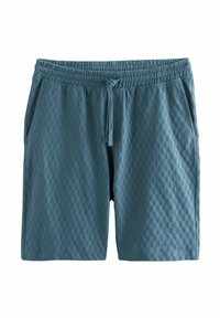 Turquoise shorts made from textured fabric with a checkered pattern, featuring an elastic waistband and side pockets.
