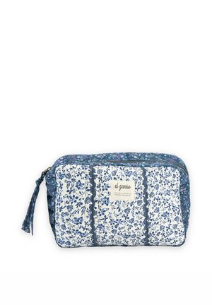 Bolso pequeño rectangular de tela con estampado floral azul, cierre de cremallera, correa lateral y una etiqueta que dice "el ganso."