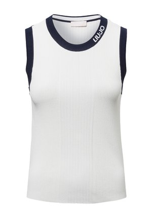 Top bianco senza maniche in maglia a coste con bordino blu navy su giromanica e scollo, con marchio "LIU·JO" sul colletto.