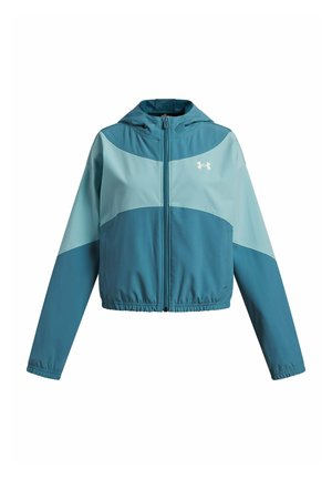 Sportieve jas in turquoise met capuchon, voorzien van een ritssluiting aan de voorkant, een elastische tailleband en lichtblauwe accenten; gemaakt van lichtgewicht, ademend materiaal.