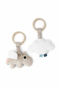 Pehme ja siidine mänguasjade komplekt, milles on hall hüppo valgete tiibadega ja pilv. Mõlemal on kinnitamiseks beežid rõngad. Pilvel on sinised ja tealikud aksendid.