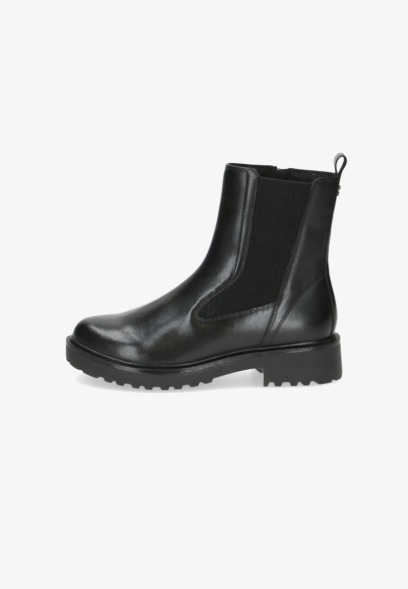 Botín negro de cuero hasta el tobillo con paneles laterales de elastano texturizados, punta redondeada y suela de goma resistente. Cuenta con una pestaña en la parte posterior para facilitar el uso.